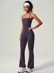 UONNOU Peach Butt-Lifting Flare Leg Jumpsuit, Square Neck Square Neck Backless Yoga Jumpsuit - Purple - View 8