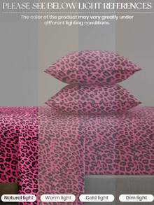Set Perlengkapan Tidur 4 Potong Motif Leopard Merah Muda Tua, Termasuk 1 Sprei Fitted, 1 Sprei Datar, 2 Sarung Bantal (Isi Bantal Tidak Termasuk). Cocok untuk Ukuran King, Queen, Full, Twin, Ketebalan Kasur Hingga 11,8 Inci. Lembut, Bernapas, Tahan Kerut. - Hot Pink - View 7