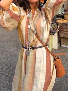 New Women's Random Striped Flowy Long Woven (No Belt) Dress, Casual Long Sleeve Button-Down Dress - Multicolor - View 4