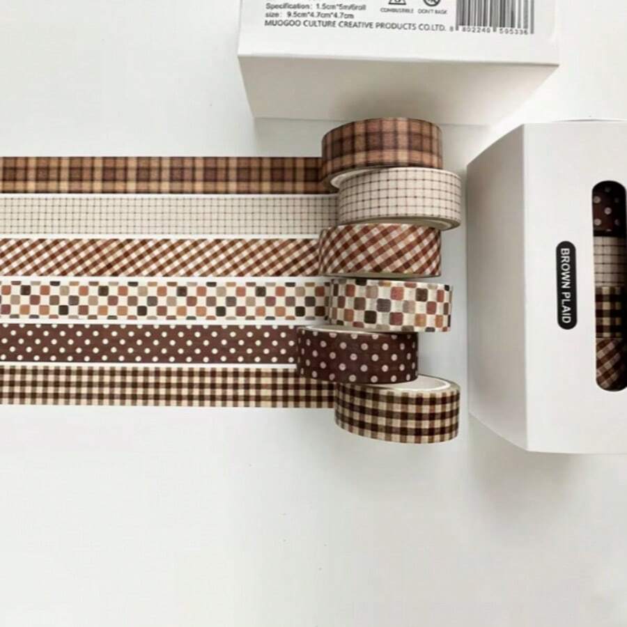 6 Rolls Boxed Vintage Plaid Pattern Washi Tape, Minimalist Style 1.5cm Wide Scrapbooking Tape, Suitable For Student Stationery Decoration DIY Scrapbook And Gift Box Packaging, Surprise Gift For Friends - Vintage - View 1