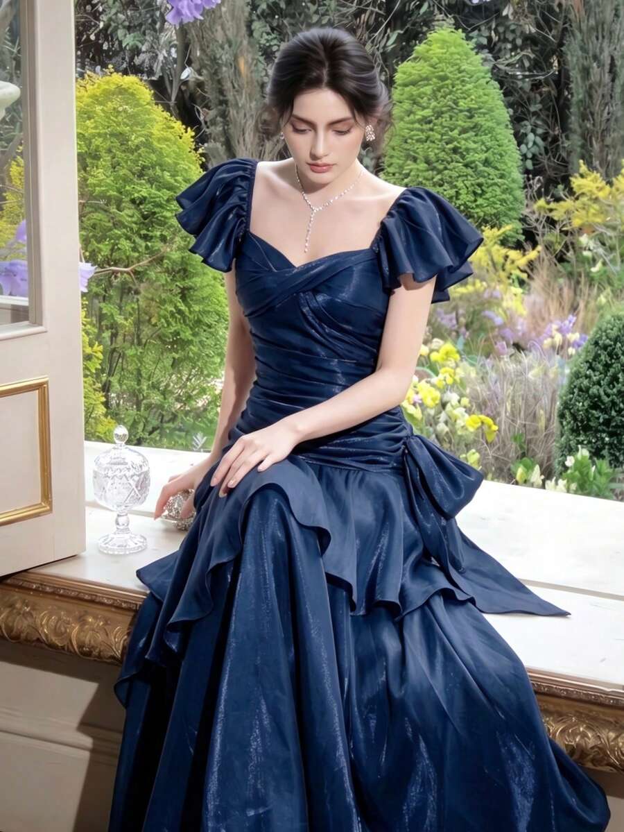 Summer Elegant Fashion Glitter Graduation Prom Party Dress, Birthday Ruffle Evening Gown, Beach Wear Women's Clothing Fall Wedding - Navy Blue - View 1