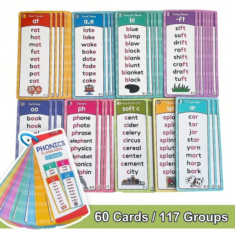 60pcs 117 Set Kartu Flash Pinyin, Termasuk Huruf Ganda, Kombinasi CVC, Pelafalan Vokal Pendek dan Vokal Panjang, Kartu Kata Visual, Cocok untuk Pembelajaran Anak, Mainan Edukasi, Perlengkapan Belajar Anak