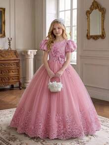 Young Girls 3D Floral Embroidered Tulle Elegant Princess Dress For Party, Headband Not Included - Dusty Pink - View 2