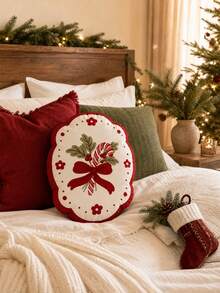 Christmas Candy Cane Pillow, Red Bow Floral Holiday Decorative Cushion, Suitable For Sofa Bedroom Home Decor - Multicolor - View 2