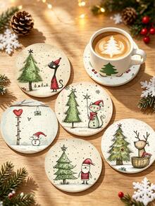 6/1pc Christmas Coaster Set, Round Ceramic Coffee Drink Coasters, Snowman, Santa Claus, Christmas Tree Patterns, Winter Holiday Tabletop Decor, Suitable For Home Kitchen Bar Party, Christmas Decoration And Holiday Gift - Multicolor - View 9