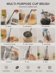 1pc Multi-Function Long Handle Silicone Cleaning Brush, Long Handle Design, No Electricity Required, Multi-Function Cleaning Brush, Suitable For Kitchen, Furniture, Can Deep Clean Coffee Cups, Water Bottles, Etc., Suitable For All Surfaces, Can Clean Cups And Bottles, Reusable, Ideal For Kitchen And Bathroom. - Multiple Styles and Colors - View 4