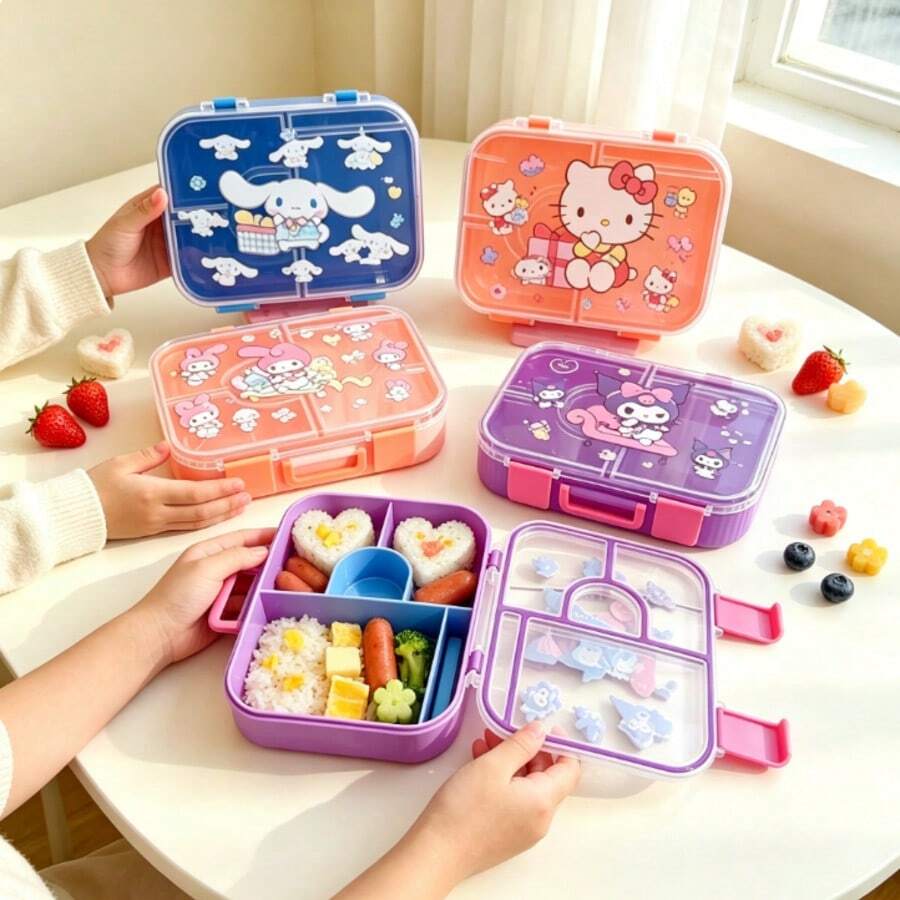 Sanrio 1pc Hello Kitty & My Melody 4-Compartment Odor-Proof Lunch Box - 1750ml Extra Large Capacity Bento Box. Microwave Plastic, Sealed Divided Container, Cute Anime Character Design, Portable Lunch Box Suitable For School, Office, Travel - Sanrio Fan Gift, Student Lunch Box, Leak-Proof Design, Double Layer Container, Birthday Gift, Back To School - Multicolor - View 1
