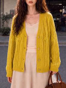 Women's Autumn/Winter Casual Cute Elegant Youthful Soft Delicate Textured V-Neck Cardigan Jacket - Yellow - View 3