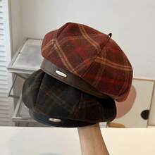 Boina de lana a cuadros vintage, sombrero de estilo francés versátil de gran circunferencia de cabeza para mujer, sombrero retro de pintor, gorra de estilo británico que realza la atmósfera y estiliza el rostro, gorra de estilo old money con letra metálica y forma octagonal - Mariposa - Ver 4