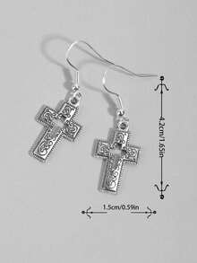 Vintage Carved Cross Earrings For Women, Exaggerated Religious Style Fashion Earrings - Silver - View 4