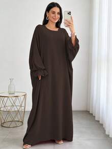 1 buah Gaun Muslim Lengan Manset Motif Bunga Warna Polos, Cocok untuk Pakaian Sehari-hari Wanita, Jalan-jalan, Sholat, Sepanjang Musim - MultiWarna - View 12