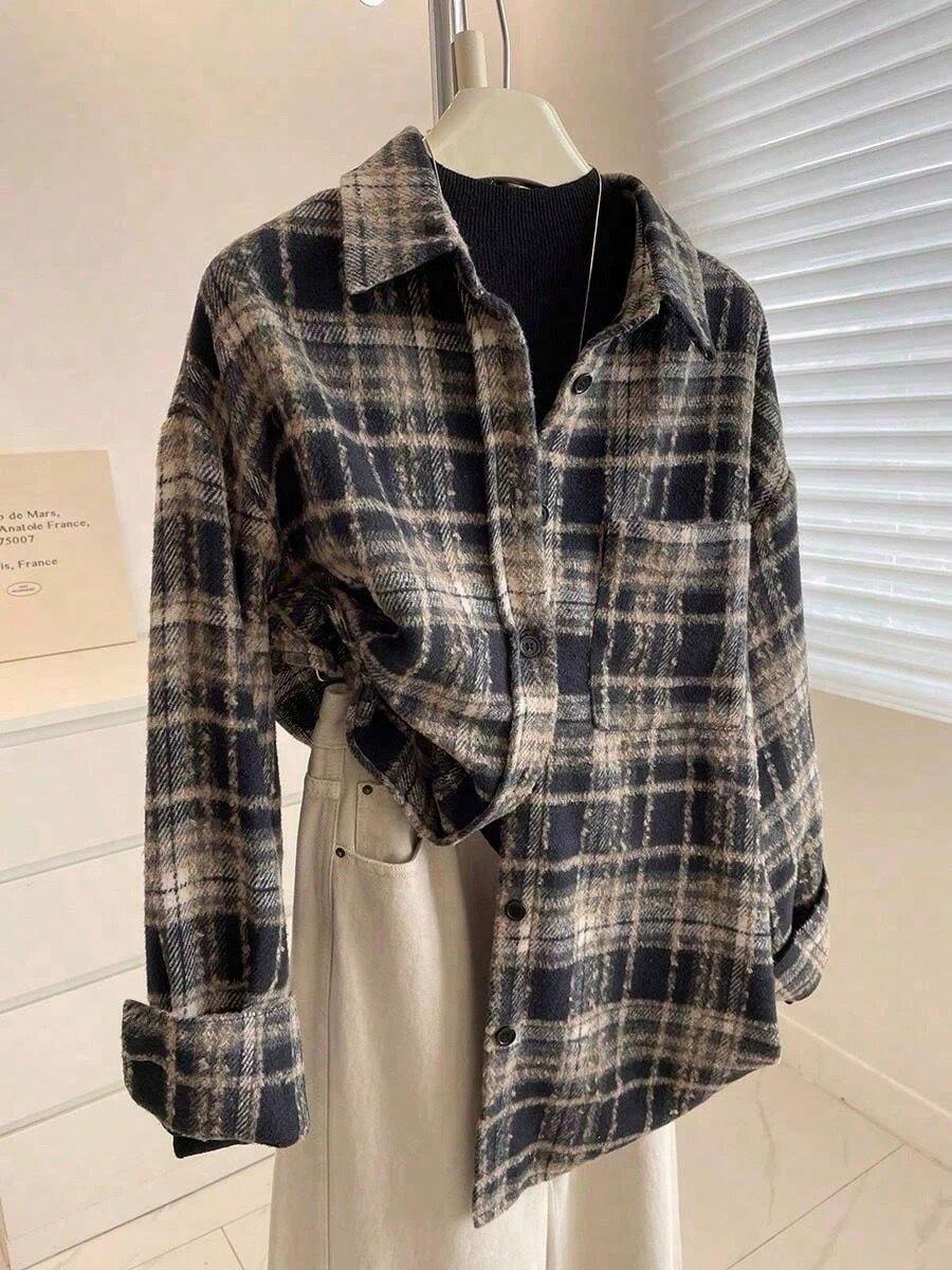 Women's Brushed Plaid Front Button Pocket Casual Shirt - Black - View 1