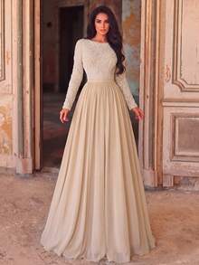 Elegant Women's Long Sleeve Boat Neck Chiffon Evening Gown, Embellished With Sequins And Pearls, Perfect For Formal Occasions And Graduation Proms - Apricot - View 4