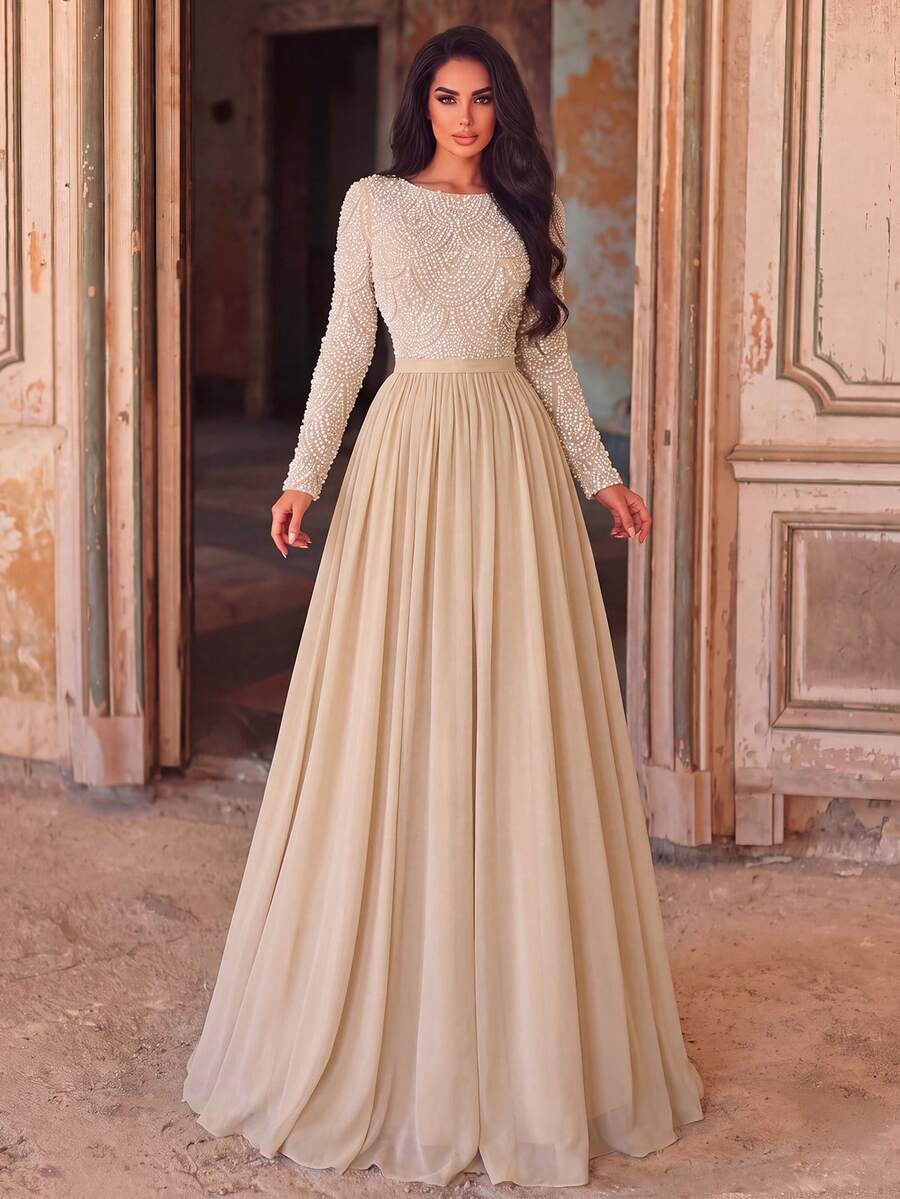 Elegant Women's Long Sleeve Boat Neck Chiffon Evening Gown, Embellished With Sequins And Pearls, Perfect For Formal Occasions And Graduation Proms - Apricot - View 1