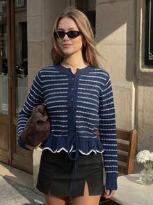 Women Fall Striped Knit Cardigan, Round Neck Long Sleeve Button Front Sweater, Ruffle Hem Drawstring Waist Casual Going Out Tops - Blue and White - View 8