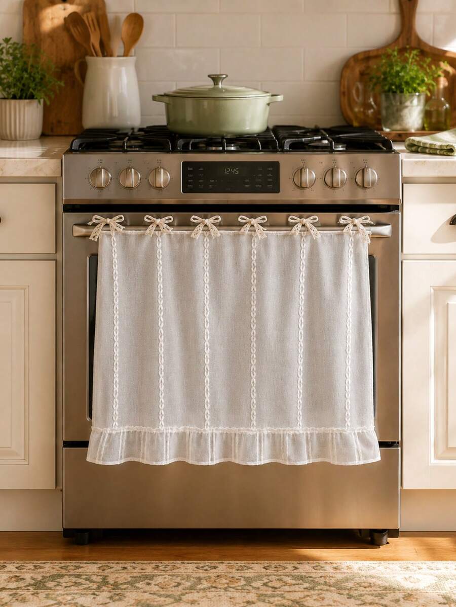 Country Style Oven Door Curtain, Bohemian Kitchen Stove Handle Cover With Lace Bow And Ruffle Edge, Multiple Colors Available, Farmhouse Kitchen Home Decor, Suitable For Home Kitchen Cabinet Decoration, Rustic Appliance Dust Cover - Multicolor - View 1