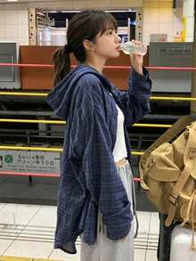 2025 Plaid Print Fashionable Casual Women Long Sleeve Button Up Hooded Shirt Spring - Navy Blue - View 1