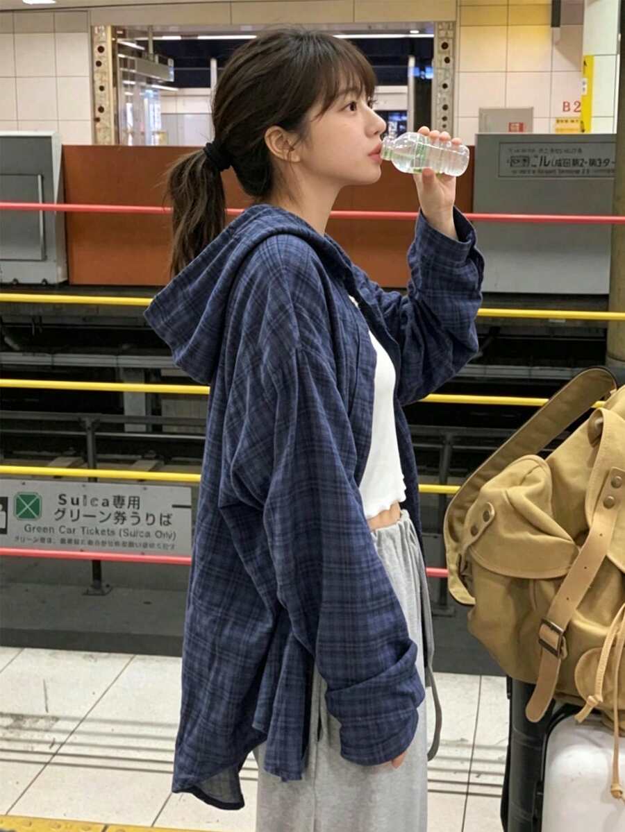 2025 Plaid Print Fashionable Casual Women Long Sleeve Button Up Hooded Shirt Spring - Navy Blue - View 1