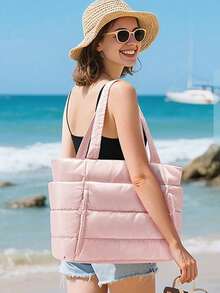 Tote Bag With Multiple Compartments And External Pockets, Excellent Storage Capacity, Comes With Matching Small Pouch, Zipper Closure, Minimalist Casual Style, Tote Handbag, Suitable For Commuting, School, Travel And Other Scenarios, Balancing Practicality And Style - Pink - View 3