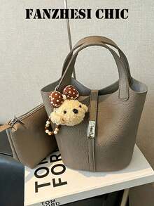 Handbag With Doll Pendant And Bead Chain Decor, Sweet And Gentle Style Bucket Bag, Suitable For Daily Dates, Shopping And Outings, Energetic Atmosphere Crossbody And Hand-Carry Dual-Use Compact Bag - Grey - View 2