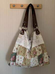 Floral Plaid Pattern Lace Patchwork Decor Soft Tote Bag, Relaxed Silhouette, Mori Style, Suitable For Campus, Outings, Shopping, Travel, Artistic Vibe, Large Capacity Shoulder Bag - Green - View 4