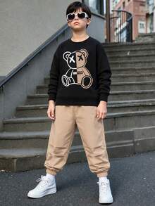 Tween Boy Bear Pattern Warm Crew Neck Sweatshirt And Woven Pants Set - Black - View 1