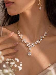 1pc Fashion Luxury Floral Leaf Pearl Water Drop Zirconia Necklace Suitable For Bride Wedding, Evening Party - Pearl Teardrop Necklace - View 15
