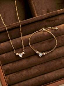 14K Gold Jewelry Set, Includes Necklace And Bracelet, Elegant Style, Perfect For Daily Wear And Gifting - Gold - View 4