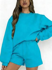 Women's Casual Oversized Sweatshirt & Track Shorts Set Rib-Knit Drop Shoulder Round Neck Two-Piece Outfit, Slight Stretch Fabric - Lake Green - View 9