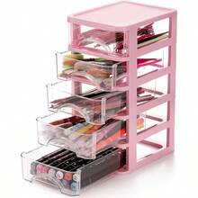 3-Layer/4-Layer/5-Layer Stackable Mini Storage Drawers, Plastic Vanity With Drawers, Suitable For Arts And Crafts, Small Tools, Sewing Accessories, Stationery And Hardware, Pink Frame - View 3