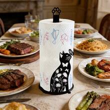 2D Flat Design Cute Black Cat & Butterfly Acrylic Paper Towel Holder, Kitchen Countertop Roll Paper Rack, Cat Lover Decor, Vintage Farmhouse Style Bathroom Standing Paper Towel Holder, Creative Animal Silhouette Design, High-Value Home Storage Rack - Multicolor - View 3