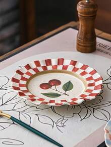 Vintage Wavy Edge Ceramic Jewelry Tray, Hand-Painted Fruit Print With Checkerboard Border, Retro Spotted Decorative Jewelry Dish, Desktop Ring & Earring Storage Rack, Vanity Home Decor - Multicolor - View 8