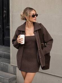 American Style Loose Knit Cardigan With Lapel Collar + Fashionable Spaghetti Strap Dress 2 Pieces Set - Brown - View 1