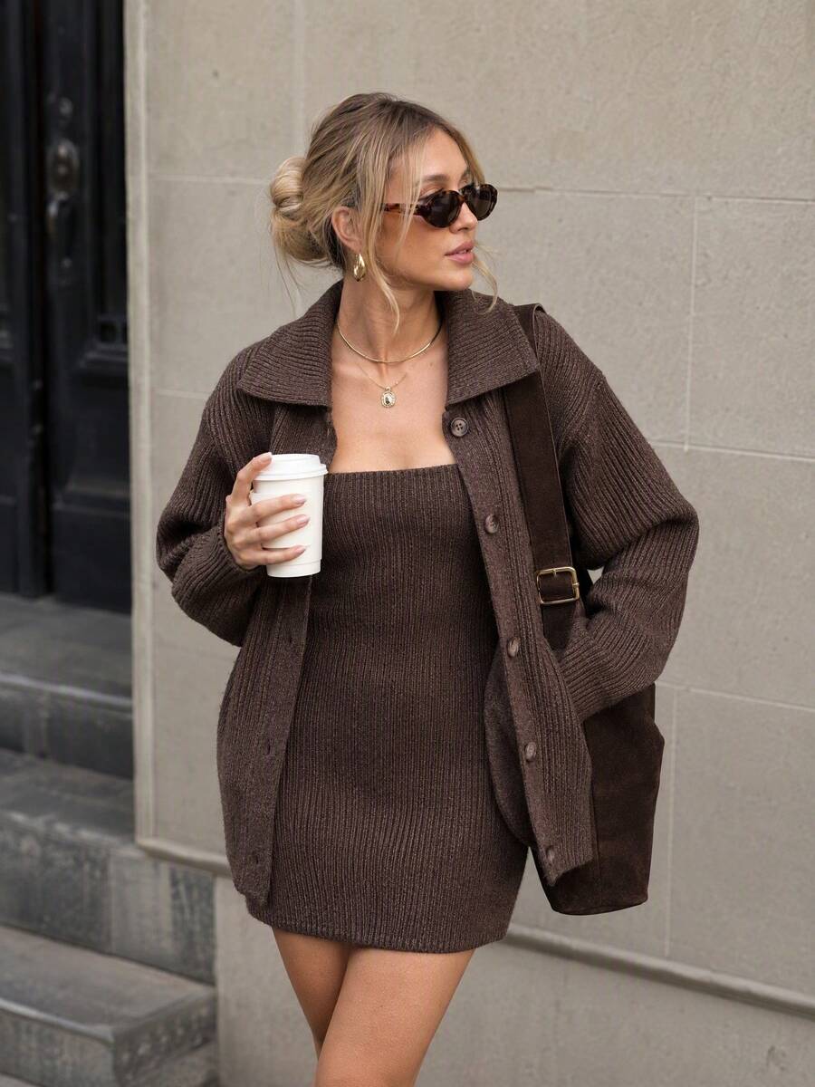 American Style Loose Knit Cardigan With Lapel Collar + Fashionable Spaghetti Strap Dress 2 Pieces Set - Brown - View 1