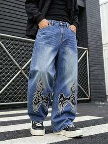 1pc Men's American Style Angel Wings Embroidered Wide Leg Loose Blue Streetwear Jeans - Blue - View 5