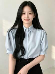 Summer Casual Solid Color Loose Puff Sleeve Shirt - Blue - View 6