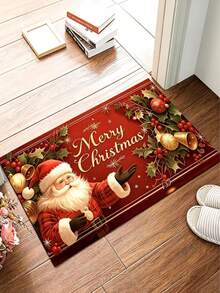 1pc Red Background Santa Claus Rectangular Doormat, Christmas, Welcome Mat, Small Rug, Carpet, Floor Mat, Outdoor Doormat, Kitchen Rug, Home Decor, Front Door Mat, Area Rug - Multicolor - View 1