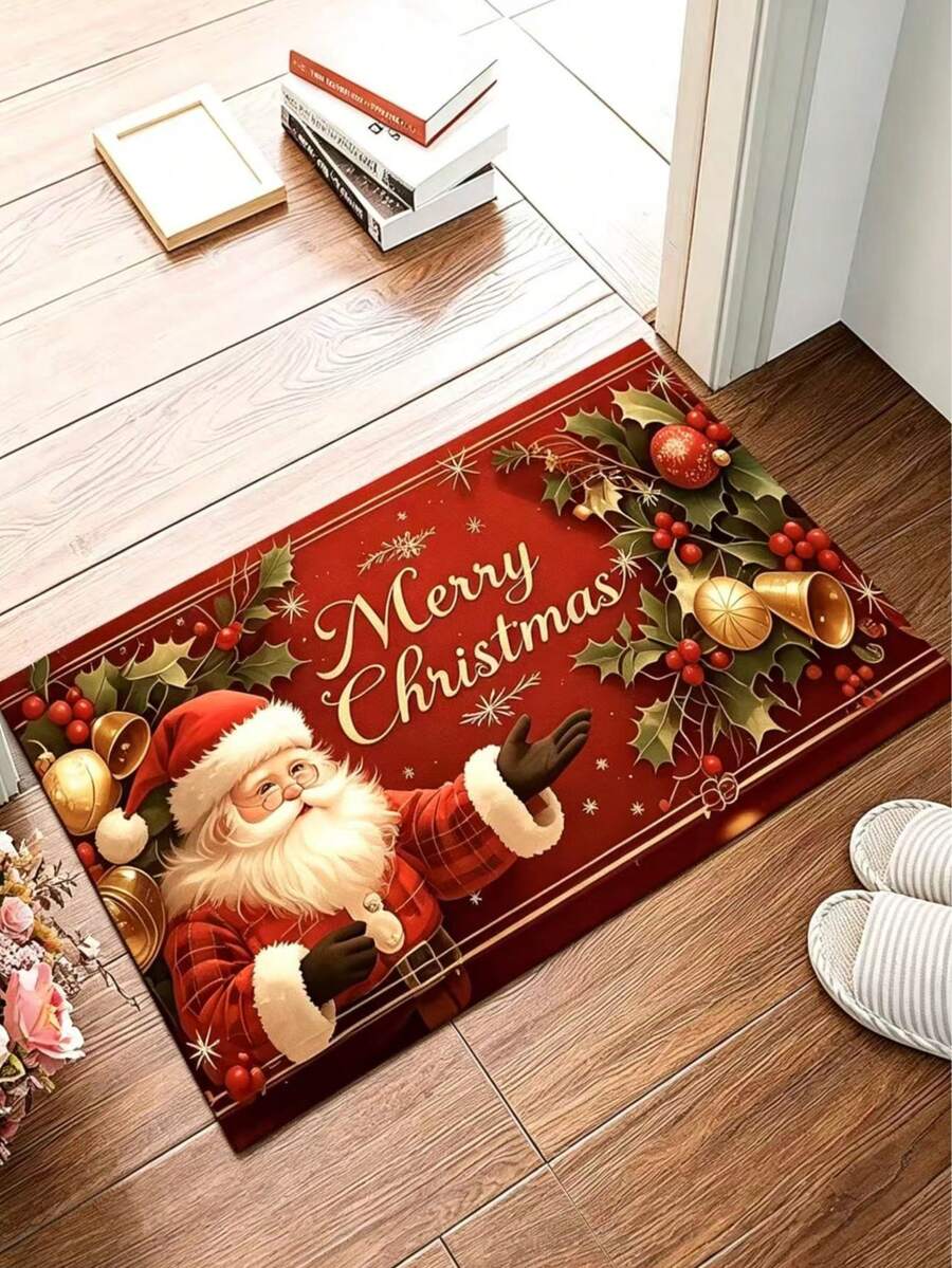 1pc Red Background Santa Claus Rectangular Doormat, Christmas, Welcome Mat, Small Rug, Carpet, Floor Mat, Outdoor Doormat, Kitchen Rug, Home Decor, Front Door Mat, Area Rug - Multicolor - View 1