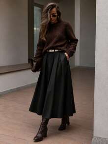 Korean Style A-Line High Waist Slimming Midi Skirt For Commuting Black - Black - View 1