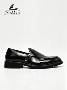 Salkin 復古設計師男士雙扣尖頭僧侶皮鞋，平價奢華現代生活風，易穿脫樂福鞋，優雅紳士社交正式鞋，適合中年、青年、學生，開學、畢業、學院風、辦公室、商務通勤、派對、宴會、婚禮、新郎鞋、西裝搭配，春夏季秋季節日禮物 - 黑色 - 查看 4