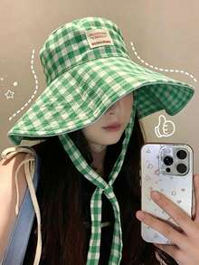 Mũ xô vành rộng họa tiết caro vintage phối màu tương phản kiểu patchwork, mũ chống nắng du lịch phong cách boho cho kỳ nghỉ xuân/hè, phối màu đơn sắc nổi bật, có dây buộc, chống tia UV, đi học - Nhiều màu - Xem 6