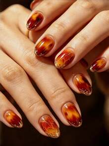24pcs Short Oval False Nails, Amber Maple Leaf Gold Foil Vibe Wearable Nails, Full Coverage Removable Nail Set, Perfect For Ladies' Parties, Proms, And Everyday Wear - Multicolor - View 1