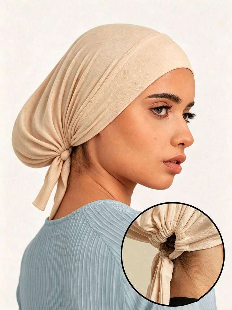 1pc Women's Solid Color Elastic Band Beanie Hat Adjustable Scarf Cap - A-beige (Upgraded Version) - View 6