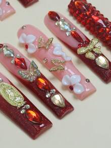 CrystalHola 10 Pcs Handmade Wearable False Nails, Long Ballet, 3D Rhinestones, French Tip Nails. Fully Covered And Reusable, Suitable For Parties, Music Festivals, And Other Events, It Is The First Choice For Girls And Women To Give Gifts, Christmas Nails. - Multicolor - View 3