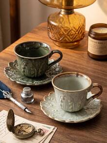 DearDali 1 Set Vintage Embossed Lily Of The Valley Ceramic Cup And Saucer Set, Kiln Glazed Rim Coffee Latte Cup, Vintage Relief Tabletop Decor Afternoon Tea Cup, Aesthetic Tableware, Tea Cup, Suitable For Coffee Or Tea, Fun Gift Cup For Friends - Multicolor - View 3