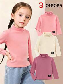 3pcs Girls Casual English Letter Patch & Solid Color Soft Comfortable Long Sleeve Mock Neck T-Shirts, Outdoor Autumn/Winter - Multicolor - View 1