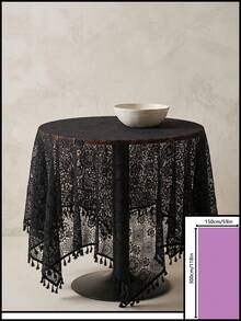 1pc Black Geometric Hollow Lace Tablecloth, French Vintage Style Lace Fabric Material, Round Tassel Edge And Exquisite Hollow Floral Pattern Detail Decoration, Beautification And Dust-Proof Function, Suitable For Daily Home And Vintage Dining Table Arrangement - Black - View 18