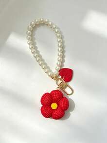 1pc Cute Red Flower Pearl Keychain, Exquisite Versatile Bag Charm Pendant, Car Key Ring - Red - View 5