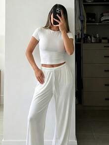 Women's White Crew Neck Short T-Shirt And High Waist Wide Leg Pants Casual 2 Pieces Set, Medium Stretch, Suitable For Summer - White - View 1