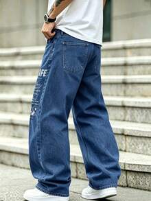 Men's Gothic Spider & Letter Embroidered Wide Leg Jeans, Vintage Washed Loose Fit Denim Pants - Blue - View 2